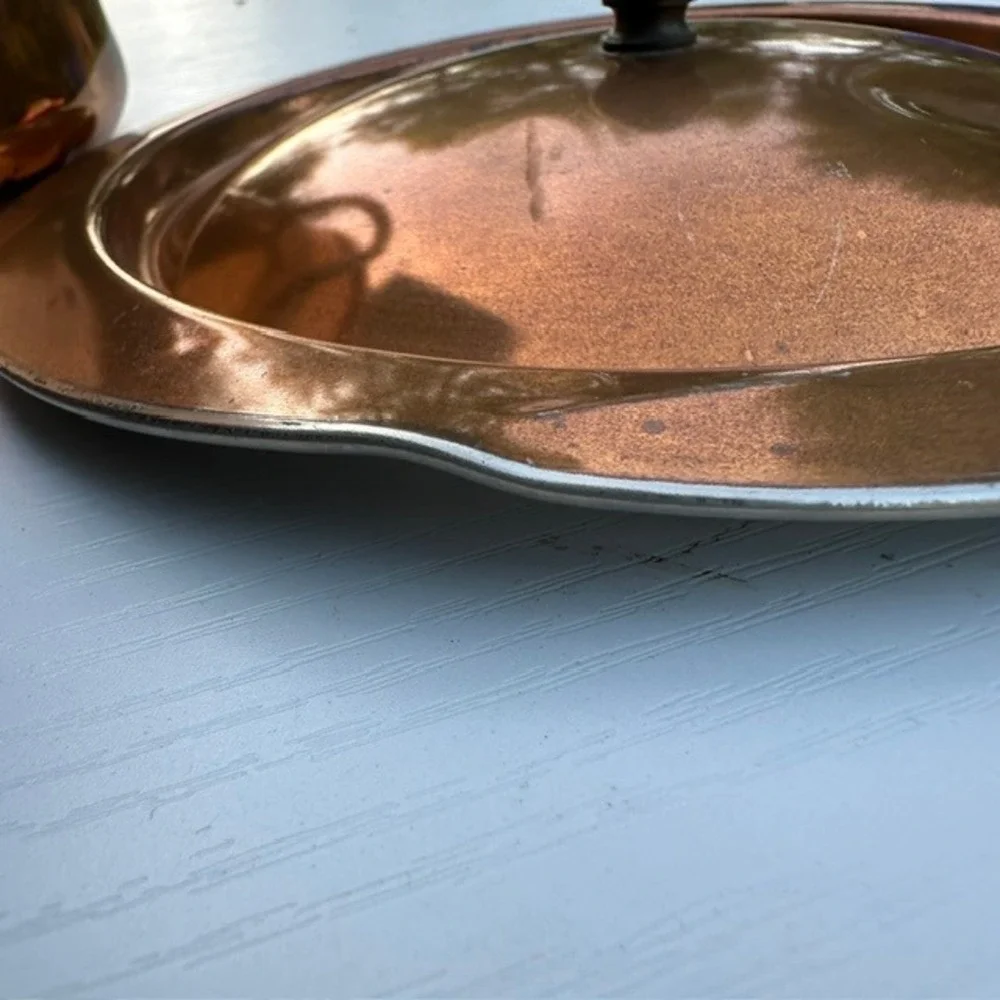 Vintage Copper Saucepan Lid Brass Handle Riveted Tin Lined Pot 7
